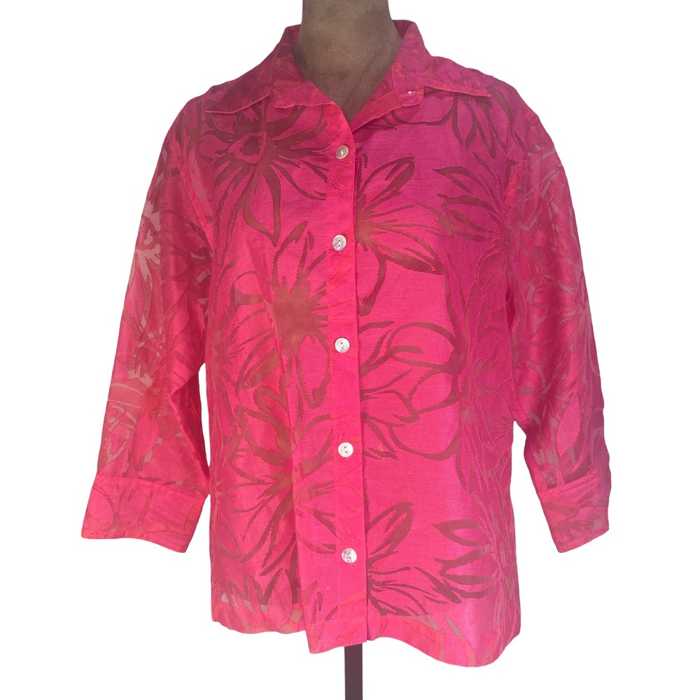 Chicos Pink Burnout Floral Button Down Shirt Womens Size 0 S Fuchsia Feminine
